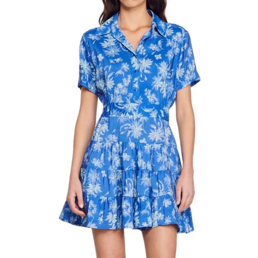 Sandro Paris Pernille Blue Floral Palm Tiered Ruffle Mini Dress Size 36FR US 4